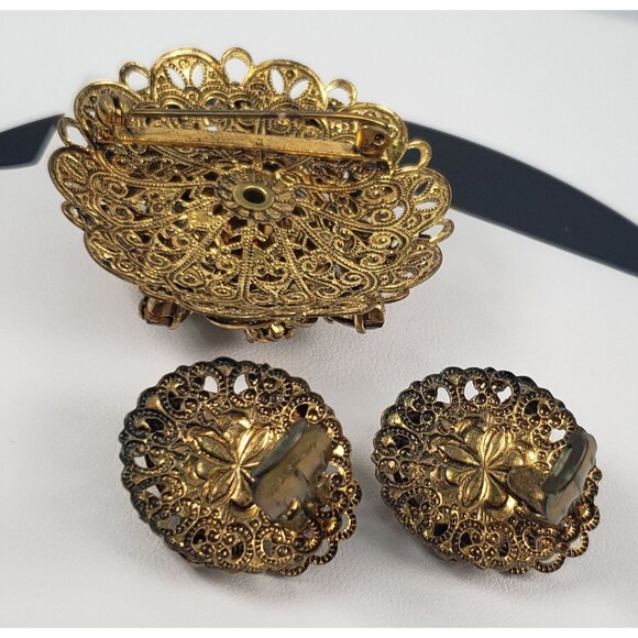 Vtg West Germany Aurora Borealis Amber Topaz Rhinestone Faux Pearl Brooch Set - Picture 14 of 16